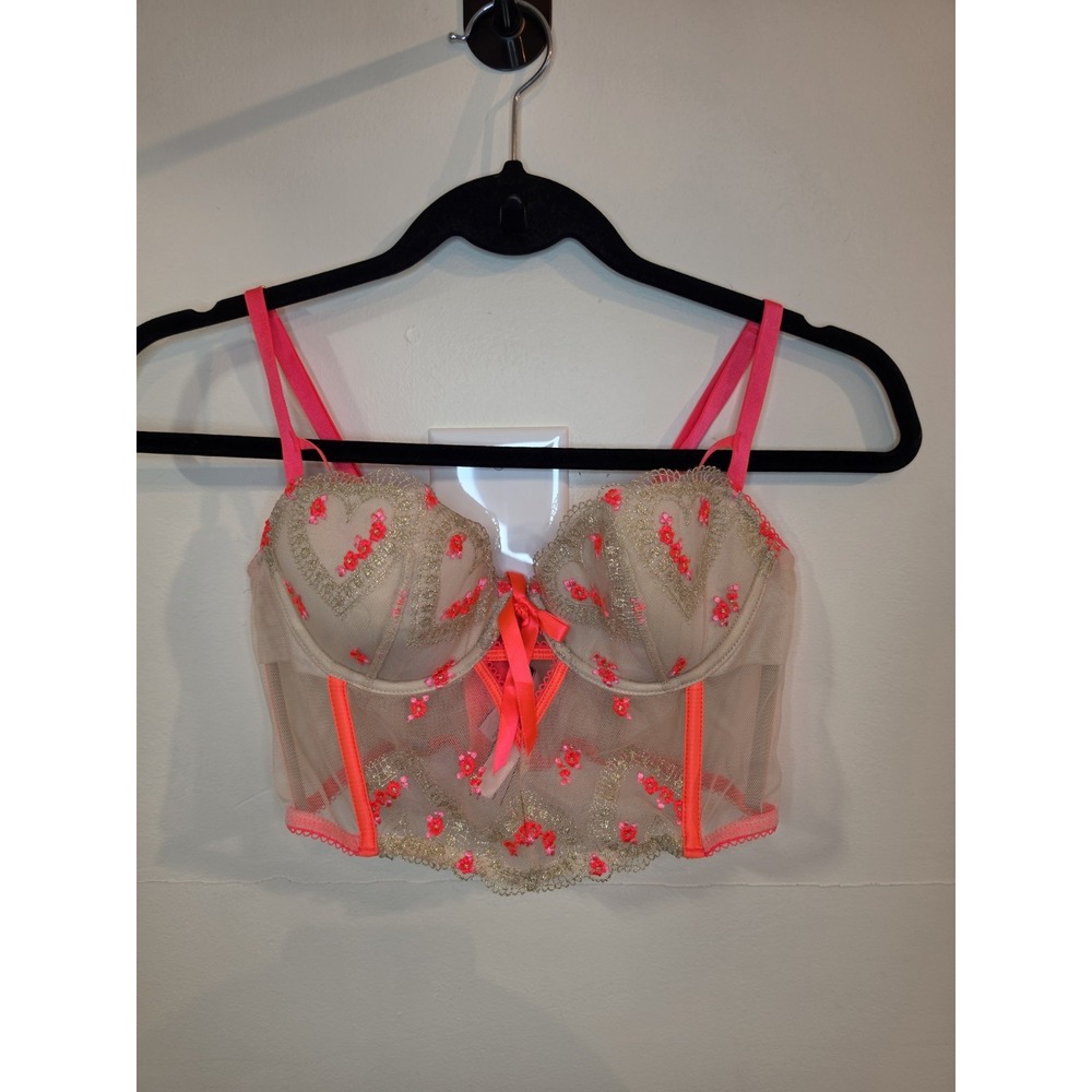 Victoria's Secret Bustier Womens 34B Dream Angels Pink Floral Mesh Polyester